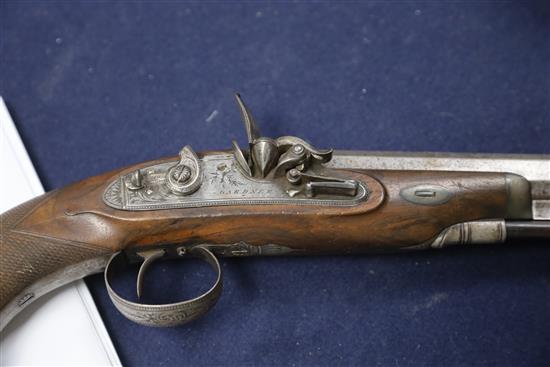 Gardner, Newcastle. A cased pair of early 19th century flintlock holster pistols, by Gardner, Newcastle, pistols 14in. (hammers broken